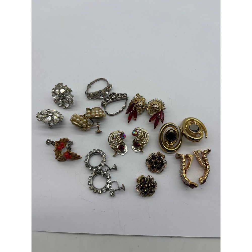Vintage Earrings Lot 10 Pairs Clip On Screw Back Rhinestone Pearl Enamel